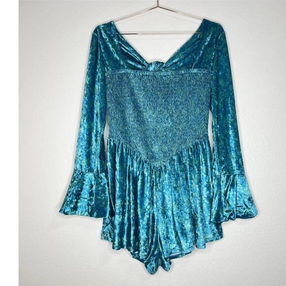 New Free People Bali Tightrope Bali Romper $148 MEDIUM Turquoise Smocked Corset - Picture 4 of 6